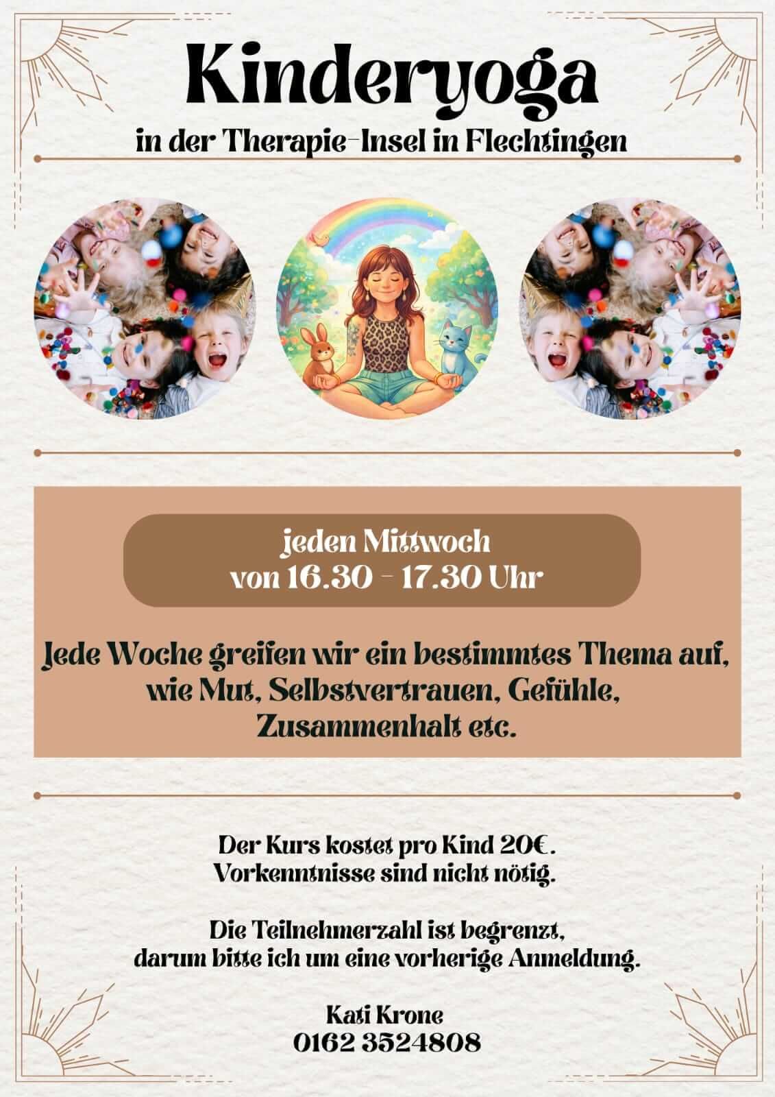 Ein Flyer für Kinderyoga in Flechtingen zeigt spielende Kinder und ein meditierendes Kind mit einem Regenbogen.