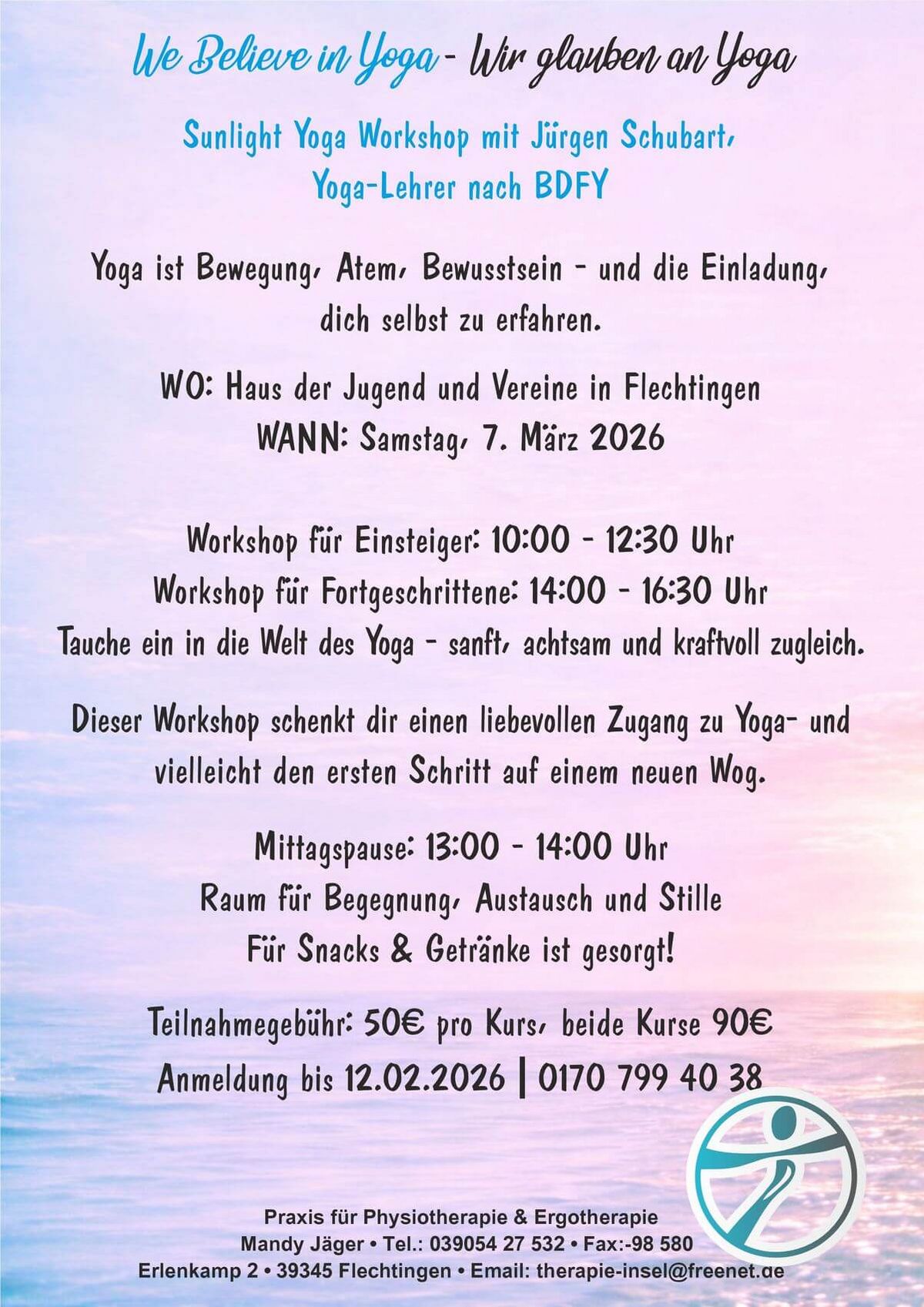 Ein Flyer bewirbt einen Sunlight Yoga Workshop in Flechtlingen für Einsteiger und Fortgeschrittene am 7. März 2026.