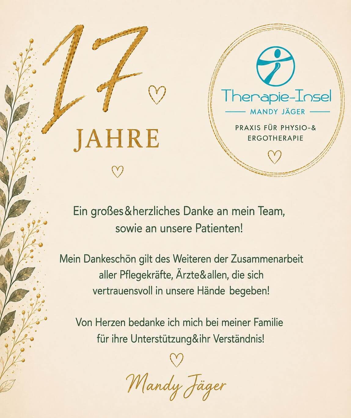 Ein Dankesbrief zum 17-jährigen Jubiläum der Praxis Therapie-Insel von Mandy Jäger, gewidmet Team und Patienten.